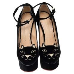 Charlotte Olympia Black Velvet and  Leather Trim Cat Embroidered Ankle Strap Sandals Size 36