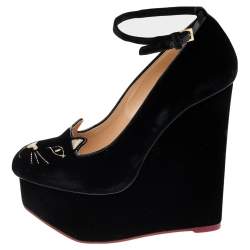 Charlotte Olympia Black Velvet and  Leather Trim Cat Embroidered Ankle Strap Sandals Size 36