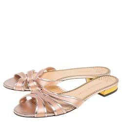 Pre Owned Charlotte Olympia Metallic Rose Leather And Satin Flat Sandals Size 38.5