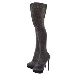 مملوكة مسبقًا Charlotte Olympia Black Stretch Lurex Fabric Thigh High Platform Boots Size 38