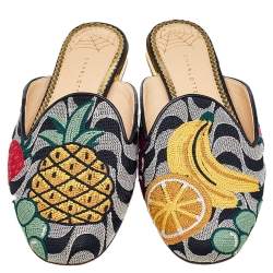 Pre Owned Charlotte Olympia Multicolor Printed Canvas Flat Mules Size 38