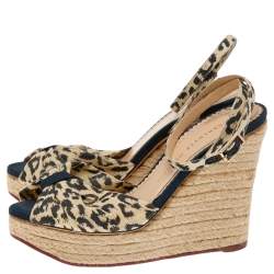 Pre Owned Charlotte Olympia Beige Fabric Wedge Espadrille Sandals Size 38