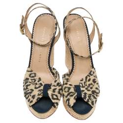 Pre Owned Charlotte Olympia Beige Fabric Wedge Espadrille Sandals Size 38