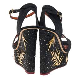 Charlotte Olympia Black Canvas Mischievous Embellished Platform Wedge Ankle Strap Sandals Size 38