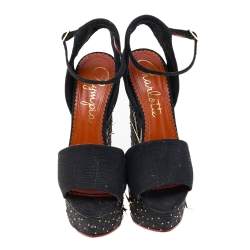 Charlotte Olympia Black Canvas Mischievous Embellished Platform Wedge Ankle Strap Sandals Size 38
