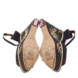 Charlotte Olympia Black Canvas Mischievous Embellished Platform Wedge Ankle Strap Sandals Size 38