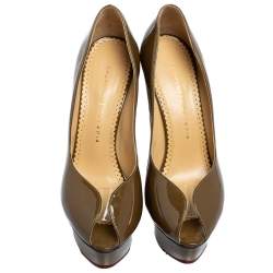 Pre Owned Charlotte Olympia Olive Green Patent Leather Dolly Platform Pumps Size 38