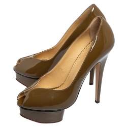 Pre Owned Charlotte Olympia Olive Green Patent Leather Dolly Platform Pumps Size 38