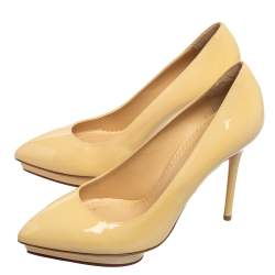 Pre Owned Charlotte Olympia Light Yellow Patent Leather Debbie Platform Pumps Size 38