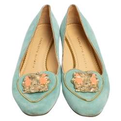 Pre Owned Charlotte Olympia Blue Suede Birthday Zodiac Gemini Ballet Flats Size 38