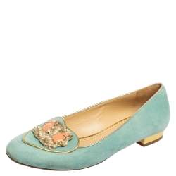 Pre Owned Charlotte Olympia Blue Suede Birthday Zodiac Gemini Ballet Flats Size 38