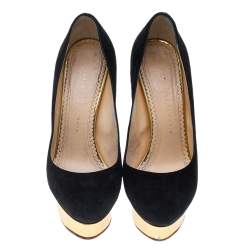 Charlotte Olympia Black Suede Dolly Platform Pumps Size 37.5 