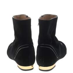 Pre Owned Charlotte Olympia Black Velvet Cat Embroidered Ankle Boots Size 37.5