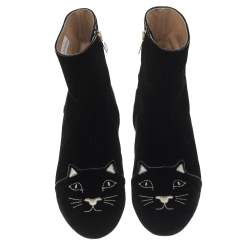 Pre Owned Charlotte Olympia Black Velvet Cat Embroidered Ankle Boots Size 37.5