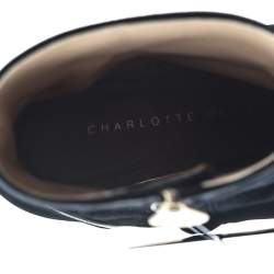 Pre Owned Charlotte Olympia Black Velvet Cat Embroidered Ankle Boots Size 37.5