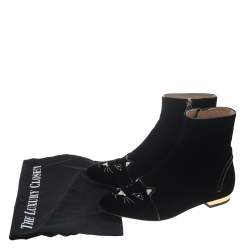 Pre Owned Charlotte Olympia Black Velvet Cat Embroidered Ankle Boots Size 37.5