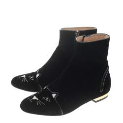 Pre Owned Charlotte Olympia Black Velvet Cat Embroidered Ankle Boots Size 37.5