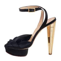 مملوكة مسبقًا صندل شارلوت أوليمبيا سيرينا ساتان أسود بفيونكة ونعل سميك وحزام كاحل مقاس 38