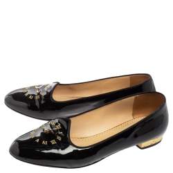 Pre Owned Charlotte Olympia Black Patent Leather Fashionably Late Clock Face Smoking Slippers Size 40