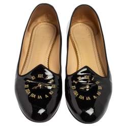 Pre Owned Charlotte Olympia Black Patent Leather Fashionably Late Clock Face Smoking Slippers Size 40