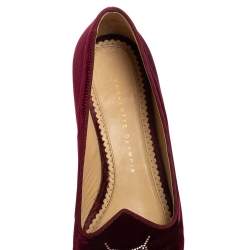 Pre Owned Charlotte Olympia Burgundy Velvet Spider Embellished Smoking Loafers Size 39