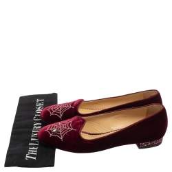 Pre Owned Charlotte Olympia Burgundy Velvet Spider Embellished Smoking Loafers Size 39