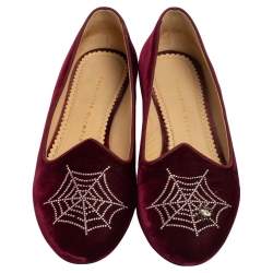 Pre Owned Charlotte Olympia Burgundy Velvet Spider Embellished Smoking Loafers Size 39