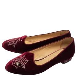 Pre Owned Charlotte Olympia Burgundy Velvet Spider Embellished Smoking Loafers Size 39