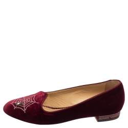Pre Owned Charlotte Olympia Burgundy Velvet Spider Embellished Smoking Loafers Size 39