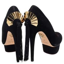 Pre Owned حذاء كعب عالي شارلوت اوليمبيا فانتاستيك دوللي سويدي أسود مزين دلاية بشراشيب مقاس 37