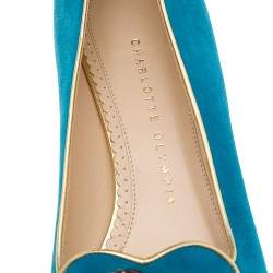Charlotte Olympia Blue Suede Embellished Slip on Loafers Size 38