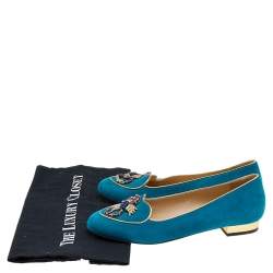 Charlotte Olympia Blue Suede Embellished Slip on Loafers Size 38