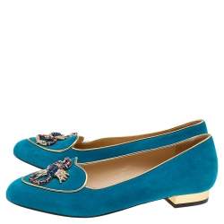 Charlotte Olympia Blue Suede Embellished Slip on Loafers Size 38