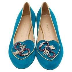 Charlotte Olympia Blue Suede Embellished Slip on Loafers Size 38