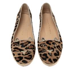 Pre Owned Charlotte Olympia Beige/Brown Leopard Print Calf Hair  Espadrille Flats Size 38