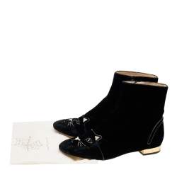 Pre Owned Charlotte Olympia Black Velvet Cat Embroidered Ankle Boots Size 39