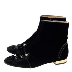 Pre Owned Charlotte Olympia Black Velvet Cat Embroidered Ankle Boots Size 39