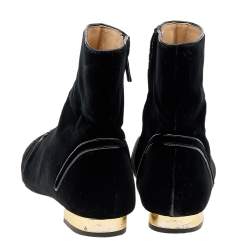 Pre Owned Charlotte Olympia Black Velvet Cat Embroidered Ankle Boots Size 39