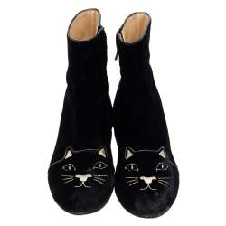 Pre Owned Charlotte Olympia Black Velvet Cat Embroidered Ankle Boots Size 39