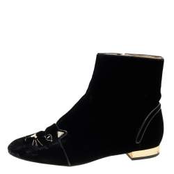 Pre Owned Charlotte Olympia Black Velvet Cat Embroidered Ankle Boots Size 39