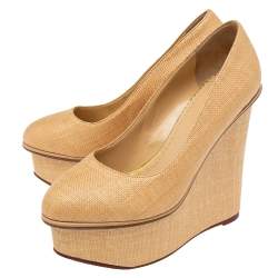 Pre Owned Charlotte Olympia Cream Yellow Raffia Carmen Wedge Platform Pumps Size 37