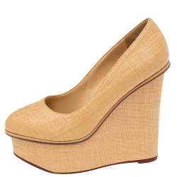 Pre Owned Charlotte Olympia Cream Yellow Raffia Carmen Wedge Platform Pumps Size 37