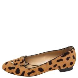 Pre Owned  Charlotte Olympia Brown leopard Print  Cat Ballet Flats Size 37.5
