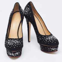 Pre Owned Charlotte Olympia Black Crystal Embellished Suede Dolly Platform Pumps Size 38.5