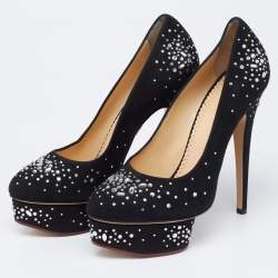 Pre Owned Charlotte Olympia Black Crystal Embellished Suede Dolly Platform Pumps Size 38.5