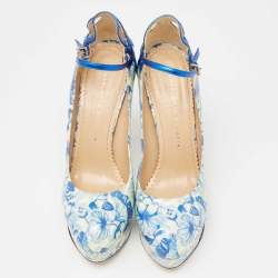 Charlotte Olympia Blue/White Ming Koi Carp Print Patent Leather Ankle Strap Pumps 39