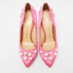 Pre Owned حذاء كعب عالي شارلوت أوليمبيا باكال ساتان وردي مزخرف لؤلؤ كريستال مقاس 36