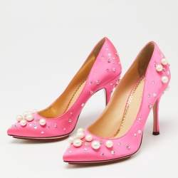 Pre Owned حذاء كعب عالي شارلوت أوليمبيا باكال ساتان وردي مزخرف لؤلؤ كريستال مقاس 36