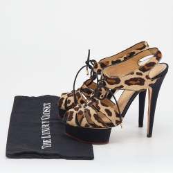 Pre Owned Charlotte Olympia Beige Leopard Calfhair Lace Up Platform Sandals 38