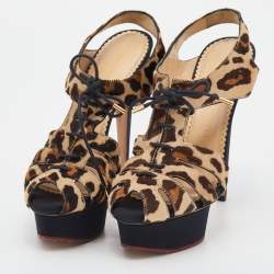 Pre Owned Charlotte Olympia Beige Leopard Calfhair Lace Up Platform Sandals 38